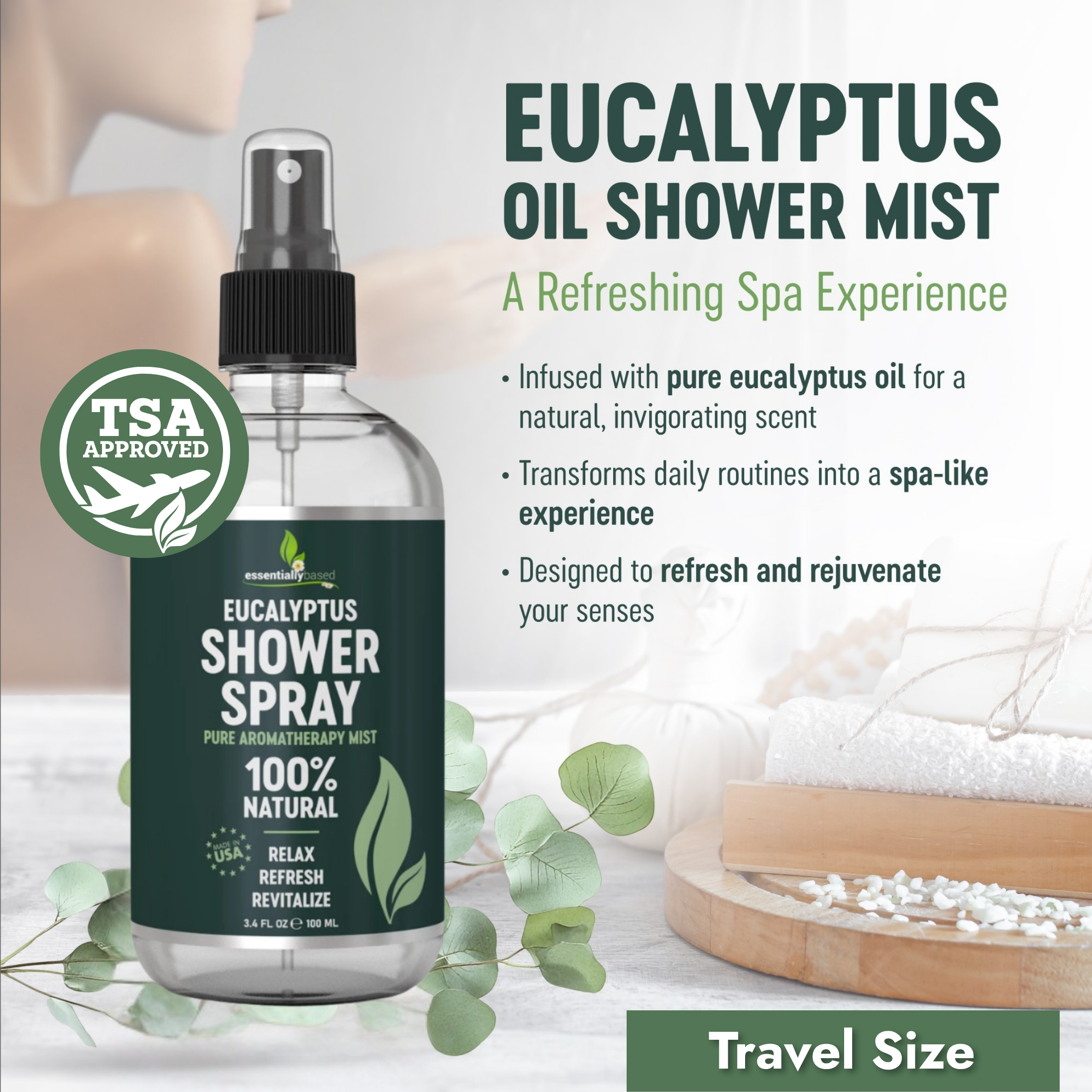 Eucalyptus Shower Spray Travel Size (3.4oz) - 100% Pure and Organic Oil